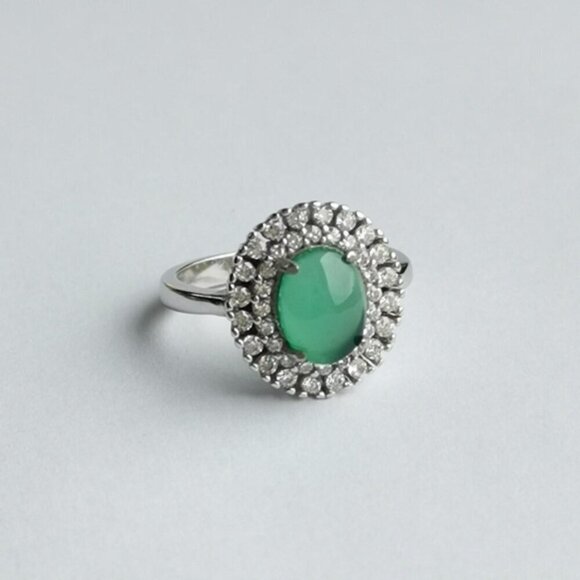Green Chalcedony CZ Halo ring sterling silver size 6 - Picture 1 of 9